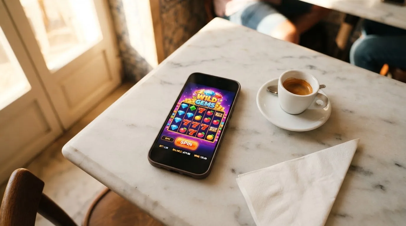 Pessoa a explorar jogos no telemóvel num café, com uma bica na mesa e luz de manhã a entrar pela montra.