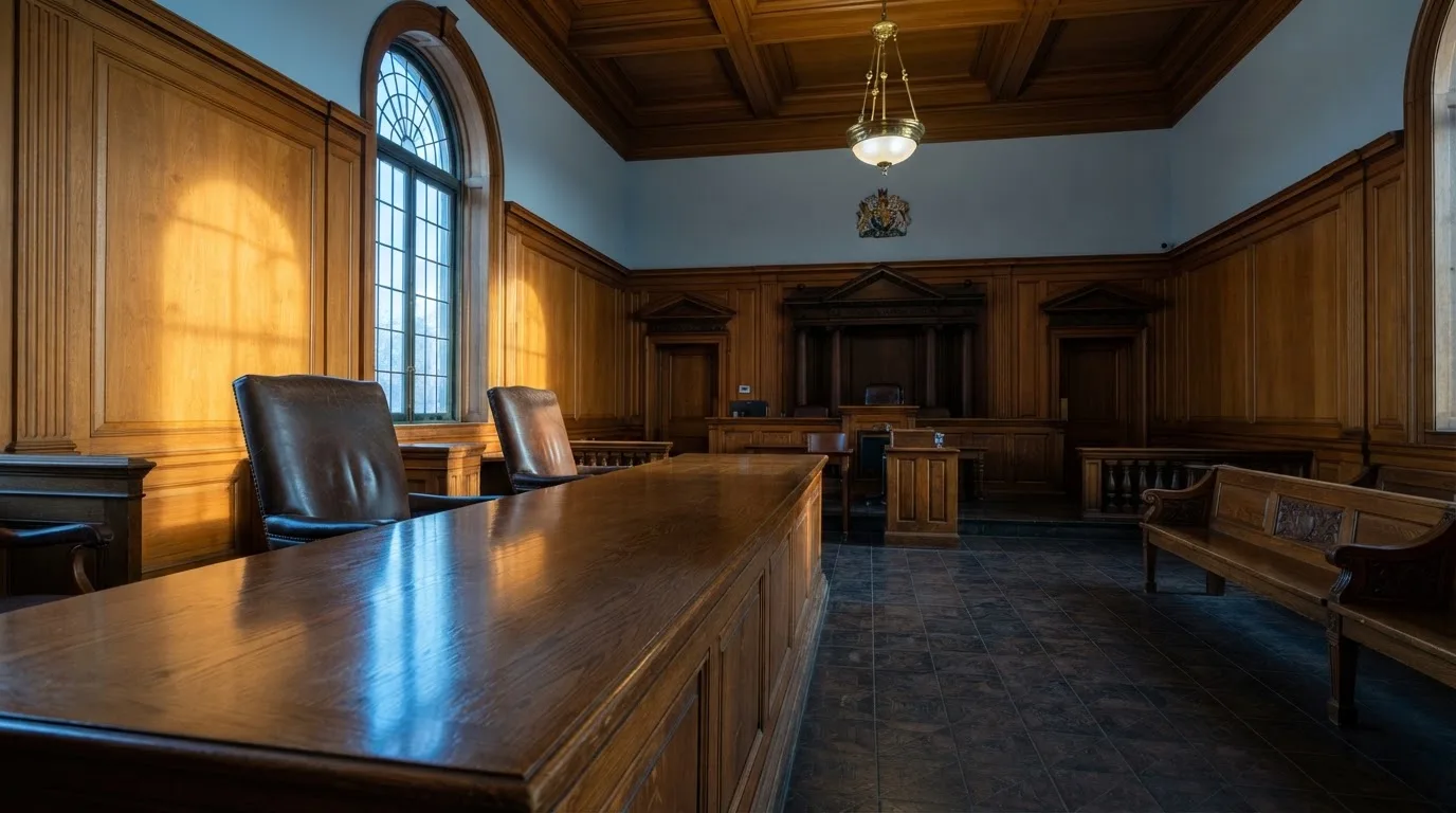 Sala de tribunal vazia com painéis de madeira, à luz da manhã — ofertas de casino em portugal