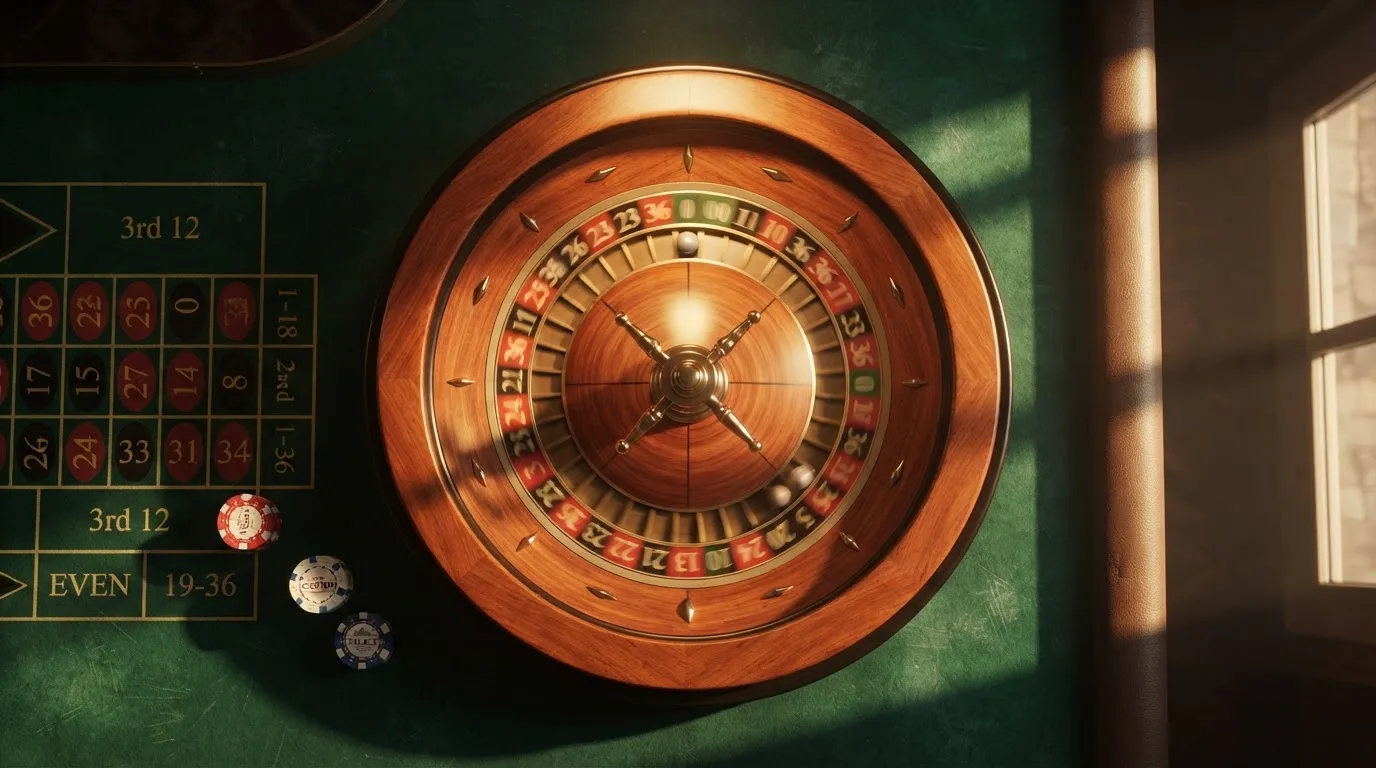 Roda de roleta e fichas sobre feltro verde, sob uma luz quente de fim de tarde — ofertas de casino em portugal