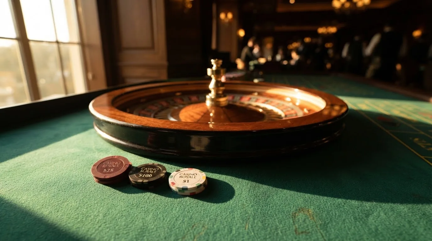 Roda de roleta e fichas sobre feltro verde, sob uma luz quente de fim de tarde — online casino bónus para os portugueses