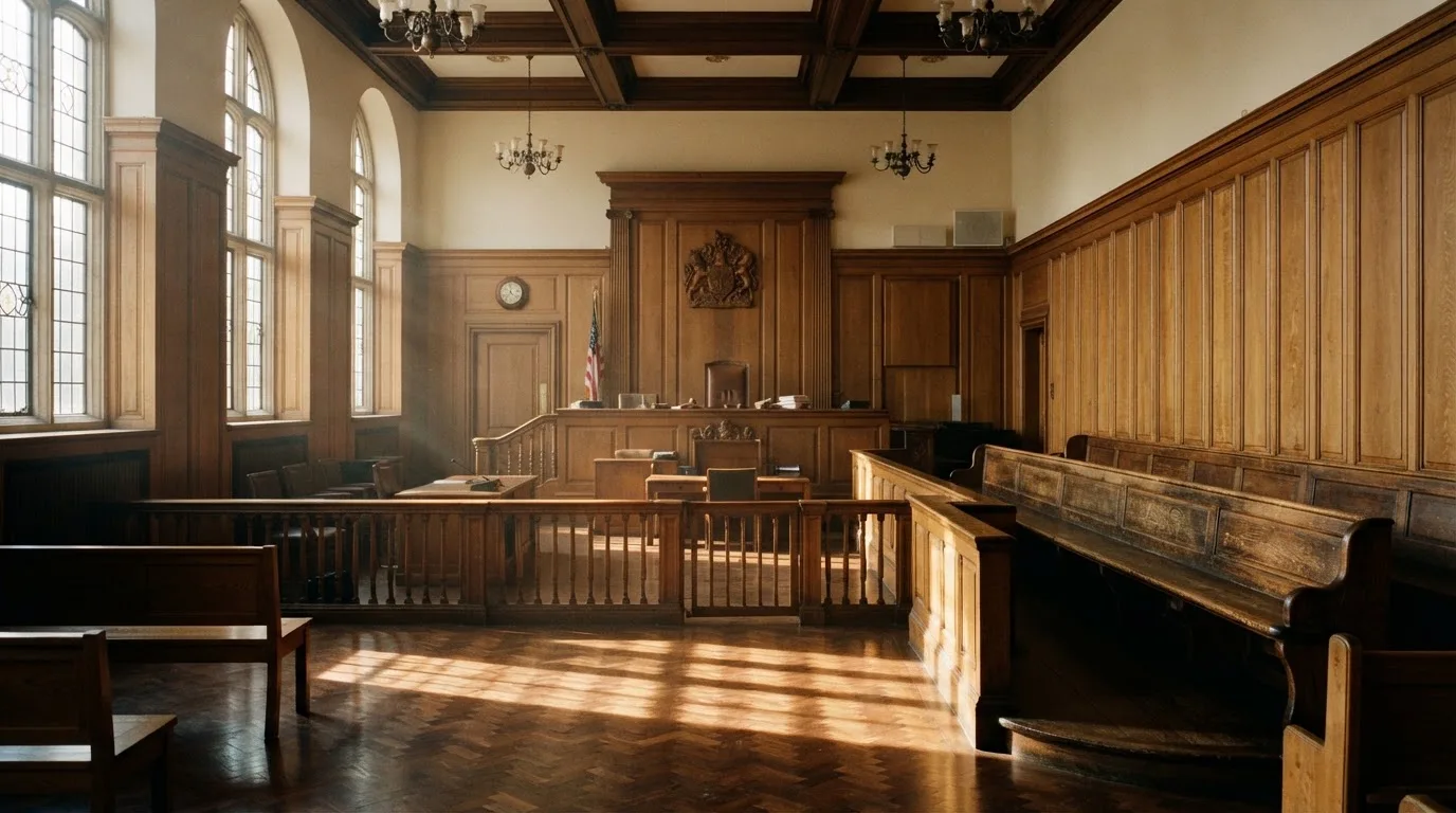 Sala de tribunal vazia com painéis de madeira, à luz da manhã — online casinos em portugal