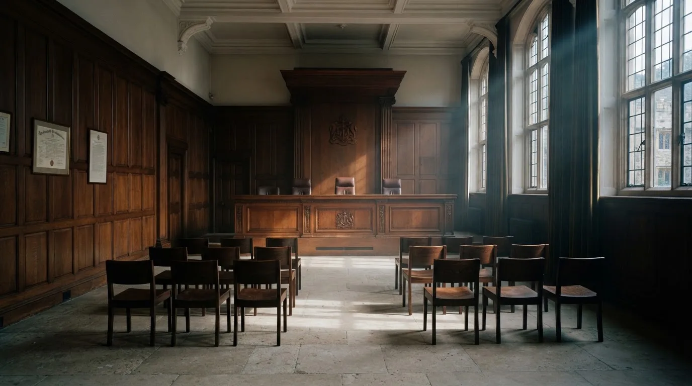 Sala de tribunal vazia com painéis de madeira, à luz da manhã — páginas de casino em portugal