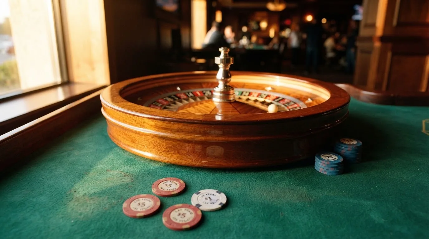 Roda de roleta e fichas sobre feltro verde, sob uma luz quente de fim de tarde — páginas de casino em portugal