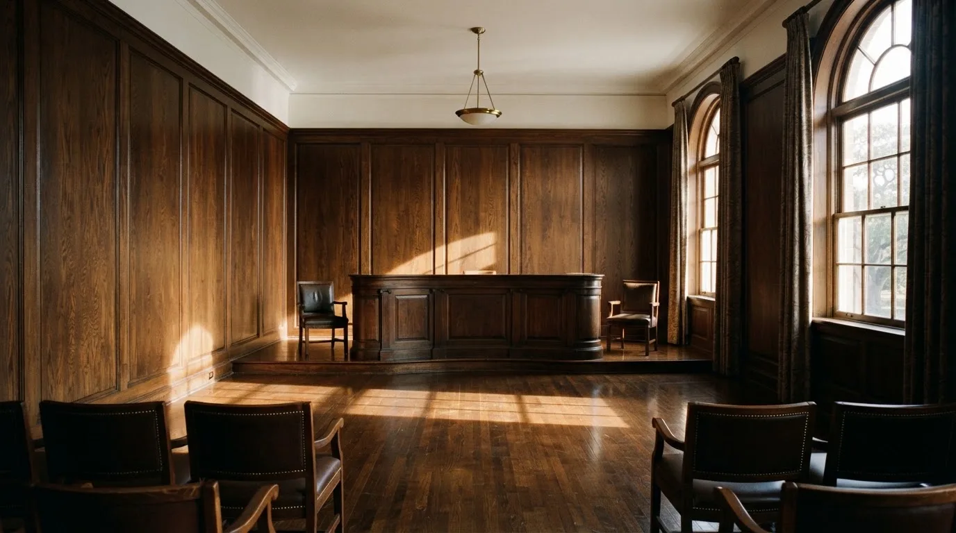Sala de tribunal vazia com painéis de madeira, à luz da manhã — probabilidades de roleta pt