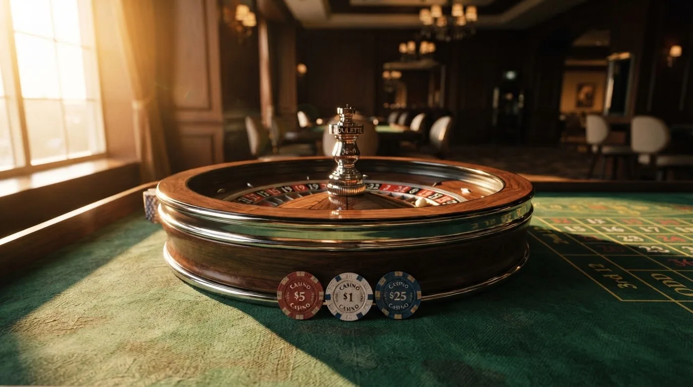Roda de roleta e fichas sobre feltro verde, sob uma luz quente de fim de tarde — promoções de casino em portugal