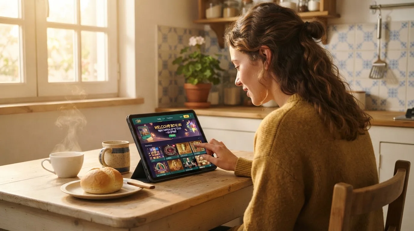 Jovem sentado à mesa da cozinha a explorar um tablet com ar curioso, chávena de chá e pão sobre a mesa, luz da manhã.