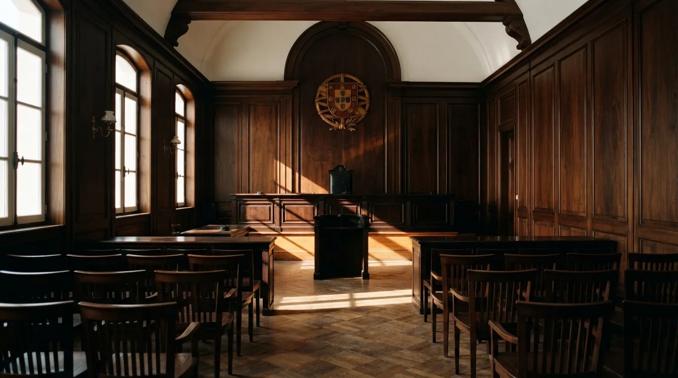 Sala de tribunal vazia com painéis de madeira, à luz da manhã — roleta americana em portugal