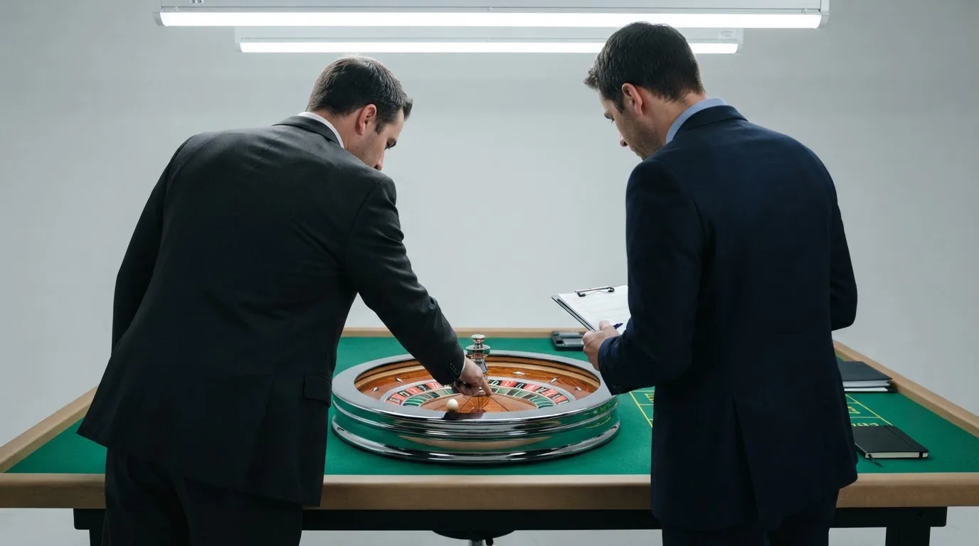 Duas pessoas de fato a examinar uma roda de roleta num estúdio, uma delas a apontar para a bola, com luz branca de trabalho.