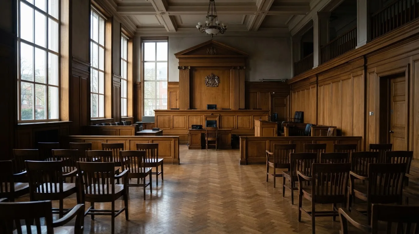 Sala de tribunal vazia com painéis de madeira, à luz da manhã — roleta casino em portugal