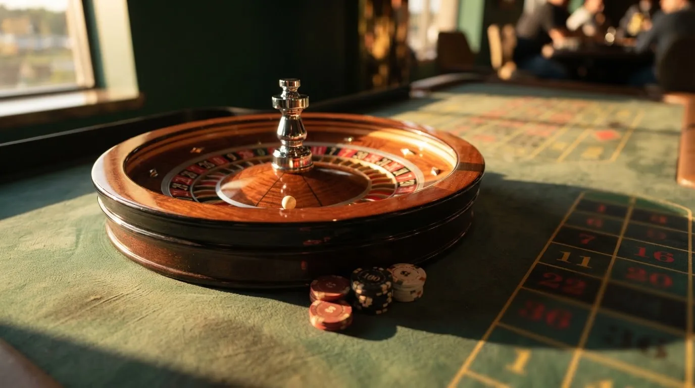 Roda de roleta e fichas sobre feltro verde, sob uma luz quente de fim de tarde — roleta casino em portugal