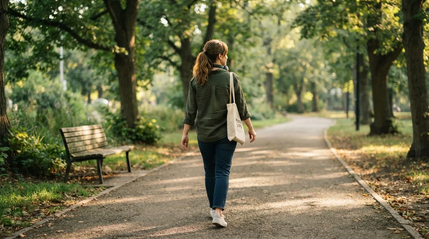 Mulher a caminhar num parque ao ar livre, de auscultadores ao pescoço, com árvores e luz da manhã, num momento de pausa e calma.