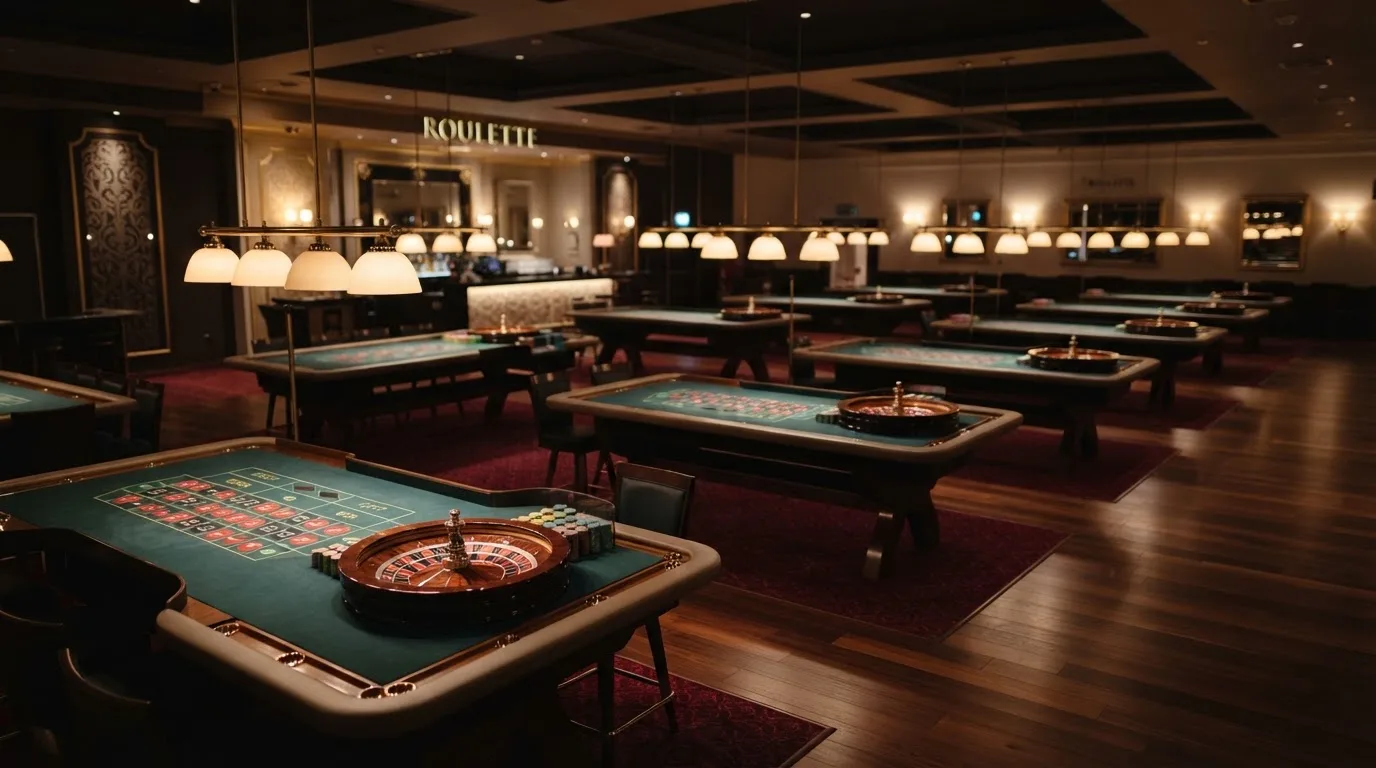 Sala de casino com várias mesas de roleta alinhadas, tapetes de feltro verde e candeeiros suspensos, sem jogadores à vista.