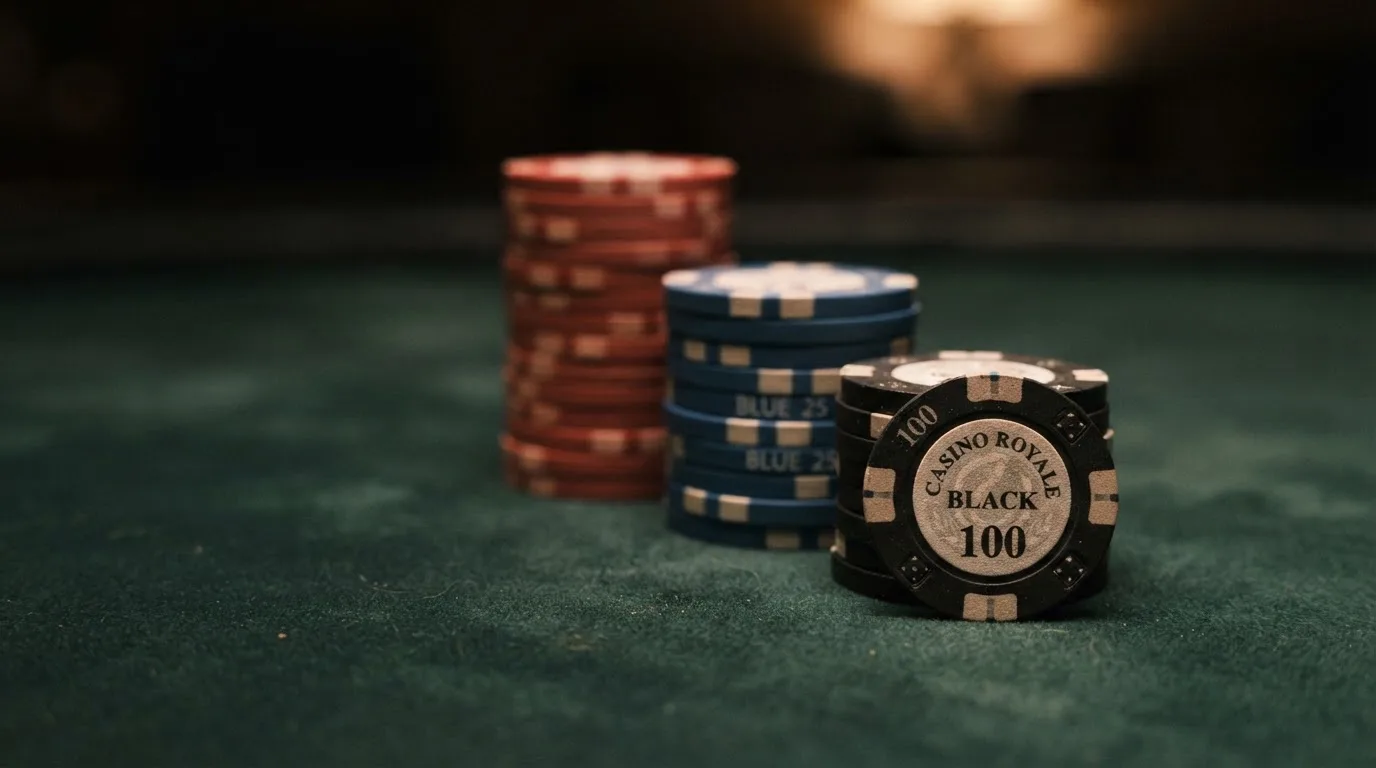 Três fichas de casino de cores diferentes alinhadas sobre uma mesa de feltro, da mais alta à mais baixa, com fundo desfocado.