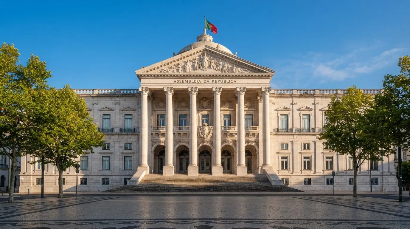 Fachada de um edifício público em Lisboa com colunas de pedra clara e céu azul, numa manhã de sol, sem pessoas em primeiro plano.