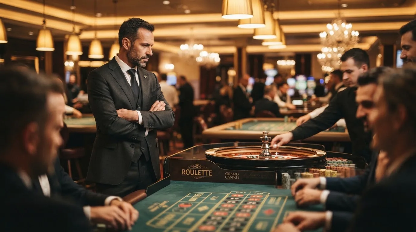 Fiscal de sala de casino de fato escuro a observar atentamente uma mesa de roleta, com jogadores desfocados ao fundo.