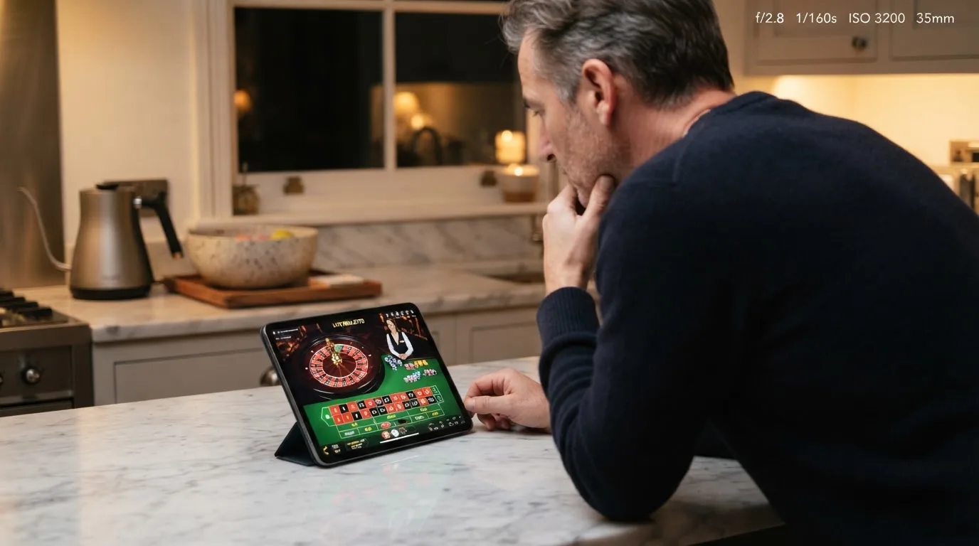 Jogador de meia-idade a ver uma transmissão de roleta num tablet, apoiado na bancada de uma cozinha moderna, com expressão atenta.