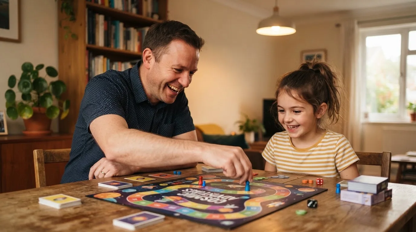 Pai e filha a jogar um jogo de tabuleiro numa sala iluminada, a rir, como exemplo de lazer saudável fora do ecrã.
