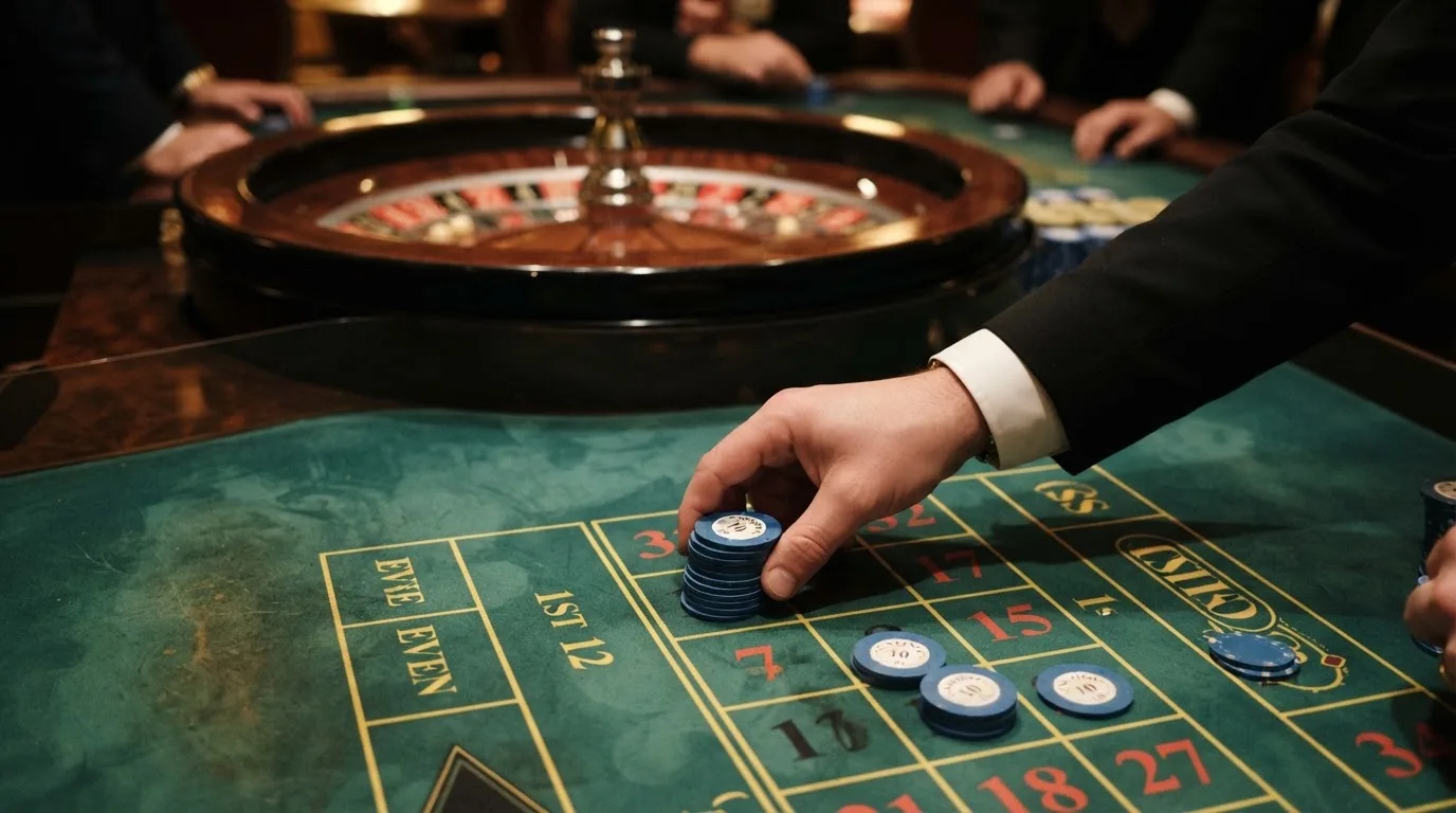 Mãos de um croupier a empurrar fichas pelo feltro após uma ronda, com a roda a abrandar ao fundo, em plano aproximado.