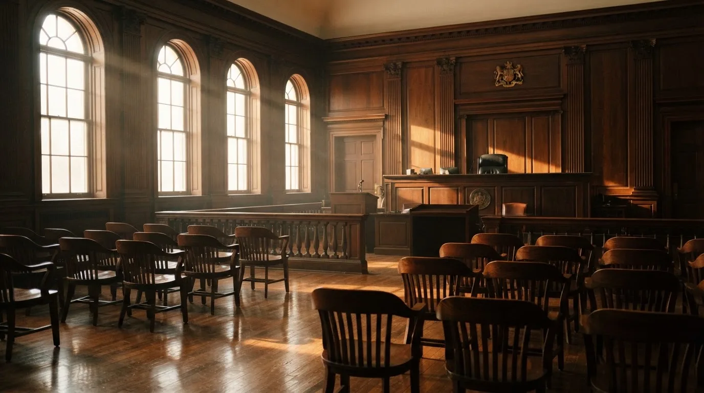 Sala de tribunal vazia com painéis de madeira, à luz da manhã — roleta francesa em portugal