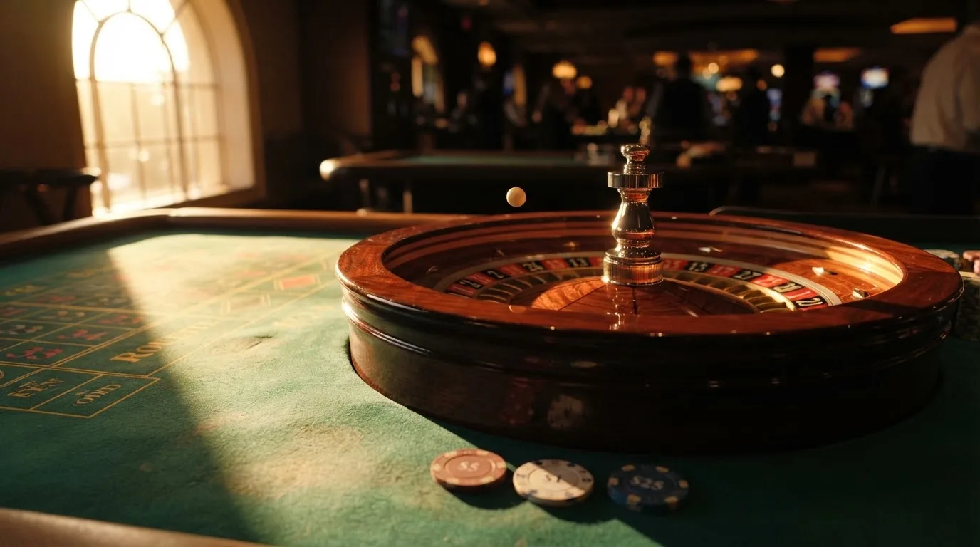 Roda de roleta e fichas sobre feltro verde, sob uma luz quente de fim de tarde — roleta francesa em portugal