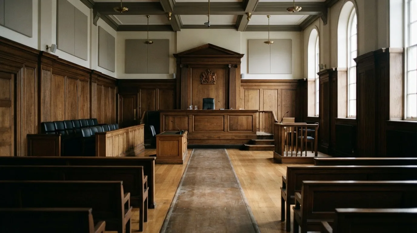 Sala de tribunal vazia com painéis de madeira, à luz da manhã — roleta grátis em portugal