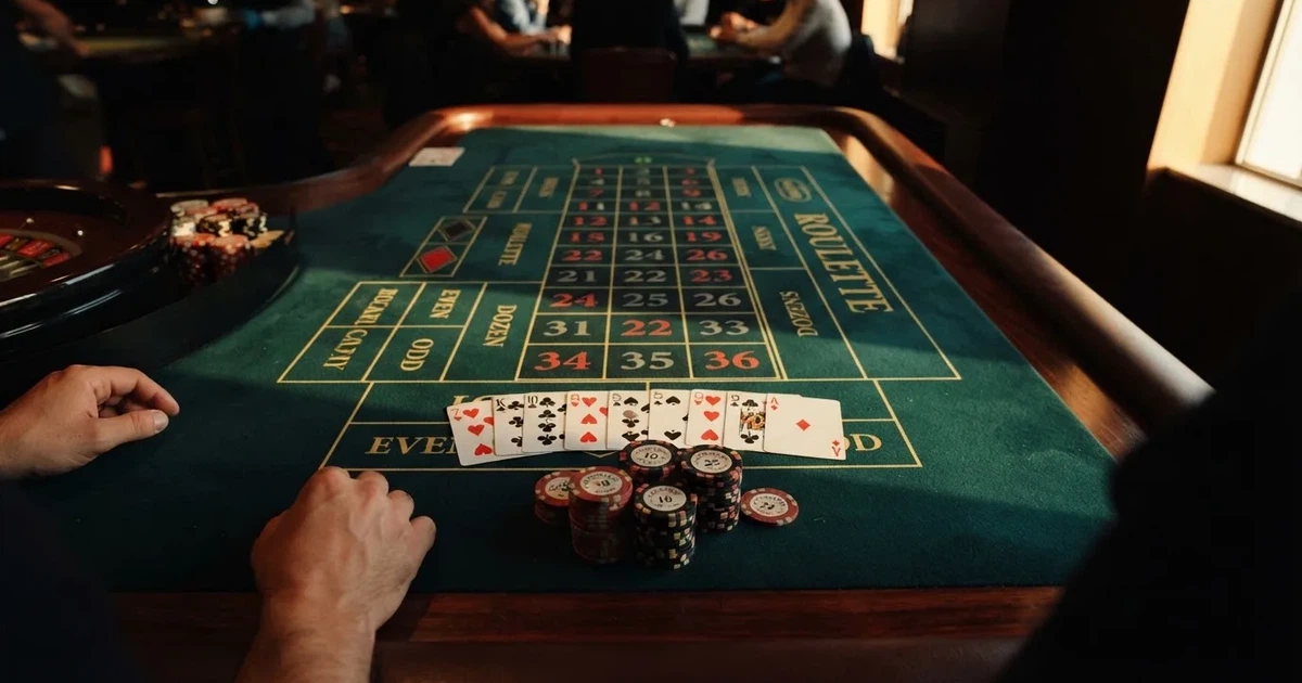 Mesa de jogo iluminada com cartas, vista de cima — roleta grátis em portugal