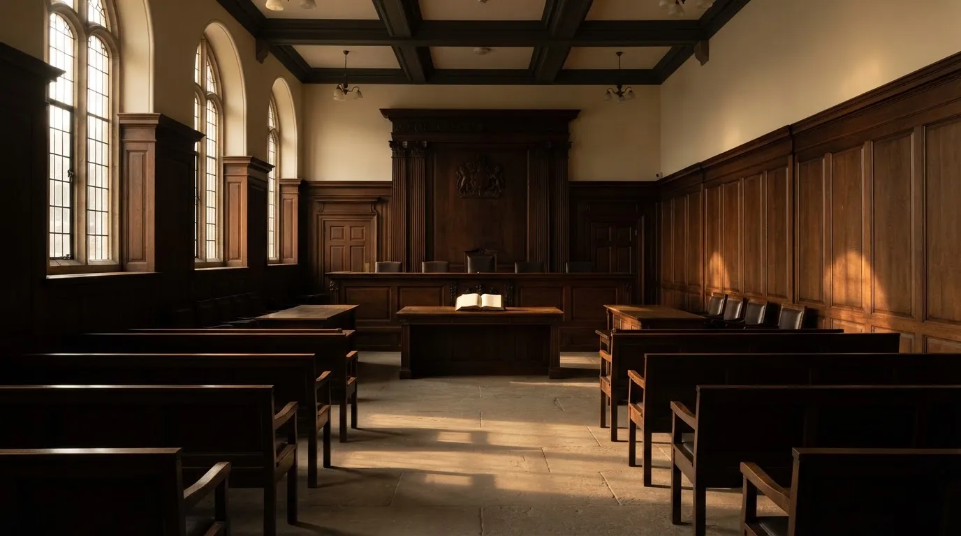 Sala de tribunal vazia com painéis de madeira, à luz da manhã — roleta online grátis pt