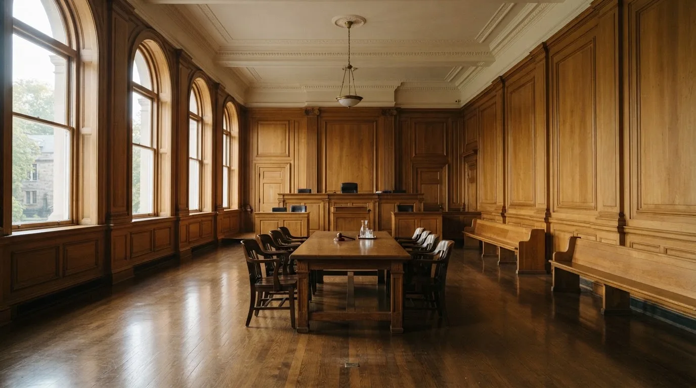 Sala de tribunal vazia com painéis de madeira, à luz da manhã — roleta online por dinheiro em portugal
