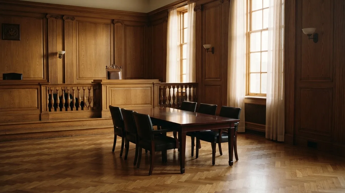 Sala de tribunal vazia com painéis de madeira, à luz da manhã — roleta virtual em portugal