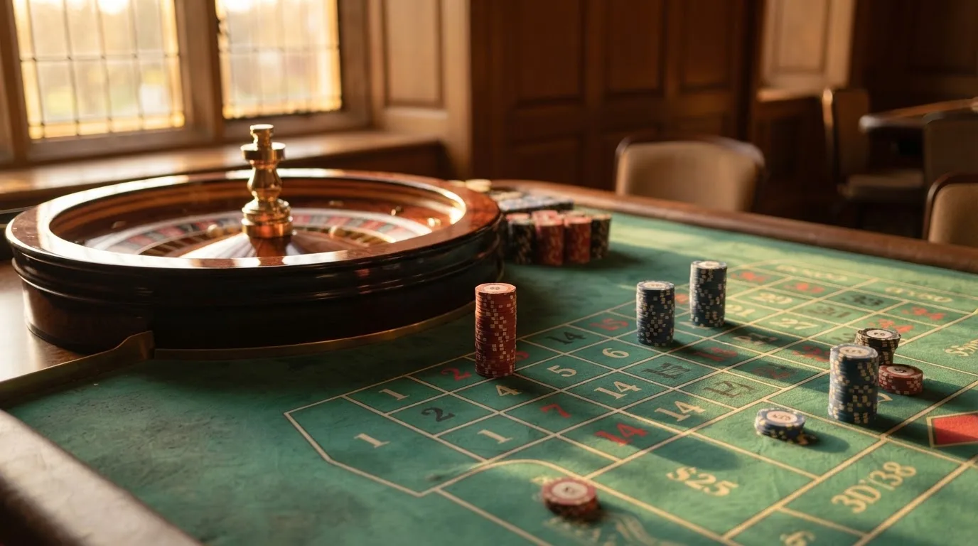 Roda de roleta e fichas sobre feltro verde, sob uma luz quente de fim de tarde — sites de casino para os portugueses