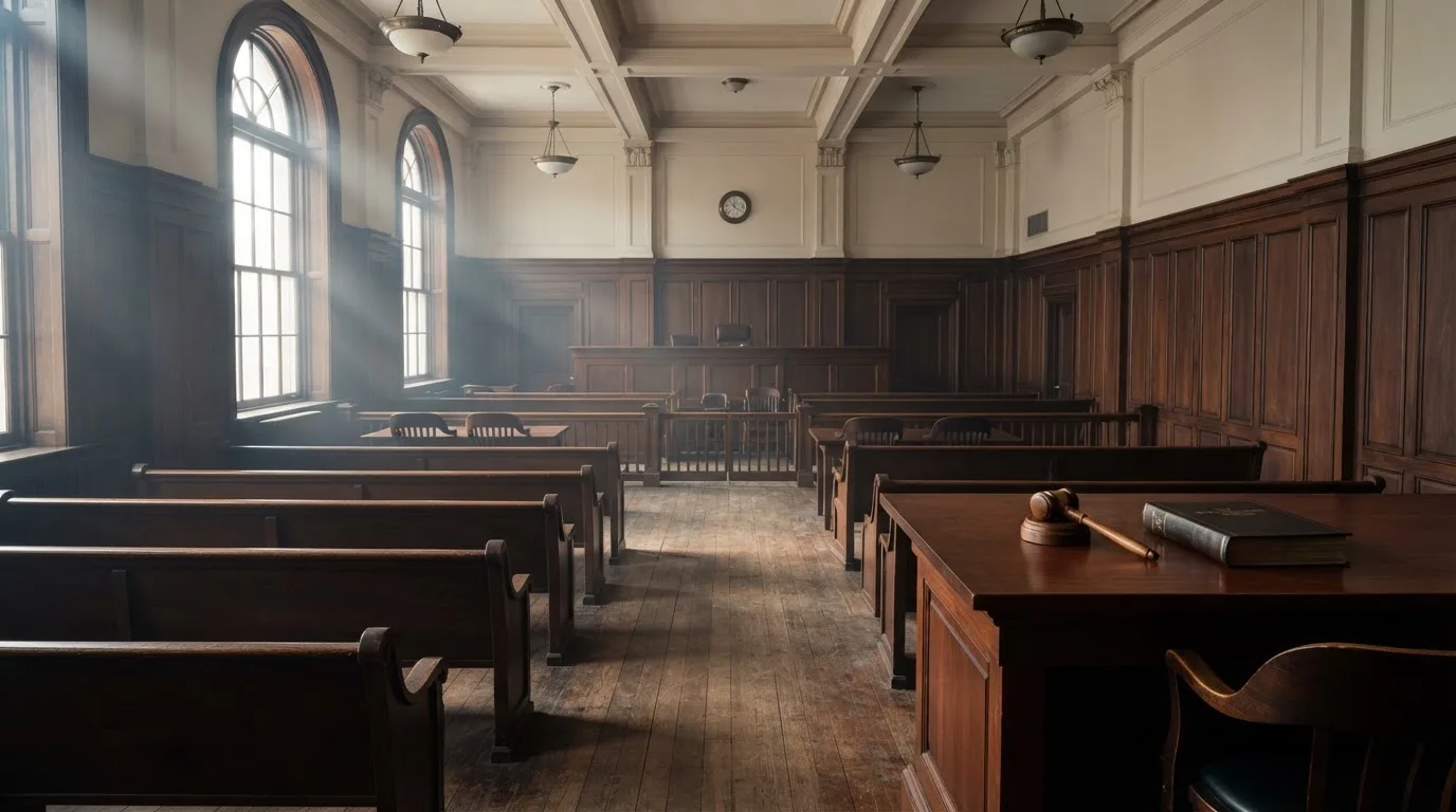 Sala de tribunal vazia com painéis de madeira, à luz da manhã — slot machines em portugal