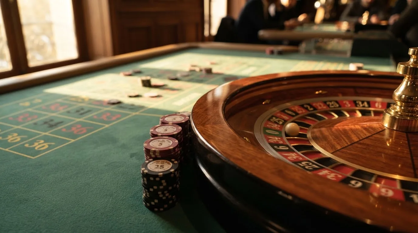 Roda de roleta e fichas sobre feltro verde, sob uma luz quente de fim de tarde — slot machines em portugal