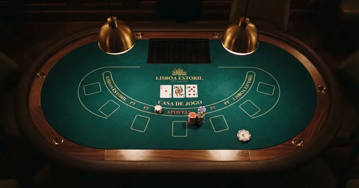 Mesa de jogo iluminada com cartas, vista de cima — slot machines em portugal
