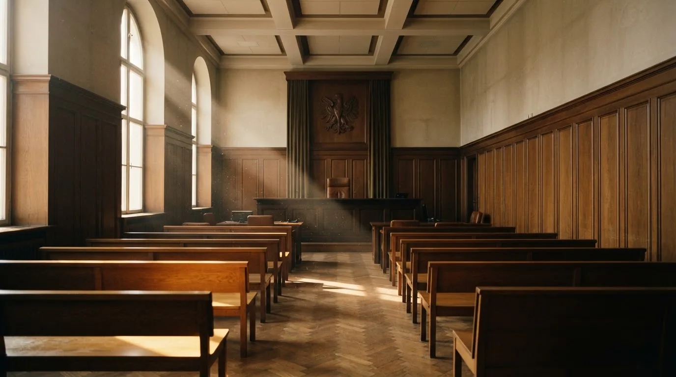 Sala de tribunal vazia com painéis de madeira, à luz da manhã — slots com bonus em portugal