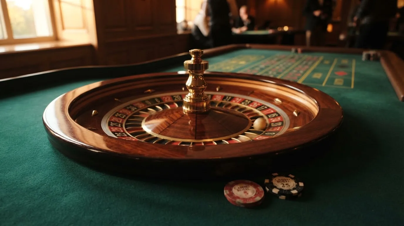Roda de roleta e fichas sobre feltro verde, sob uma luz quente de fim de tarde — slots com bonus em portugal