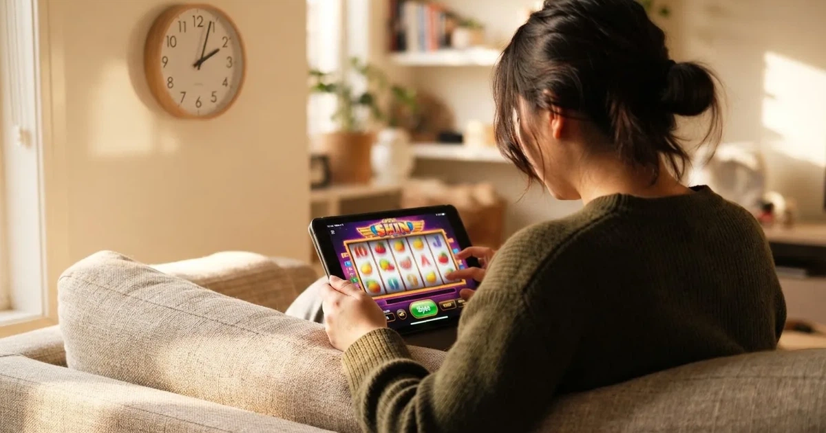 Pessoa num sofá a olhar pensativa para um tablet, com um relógio na parede atrás — slots com bonus em portugal