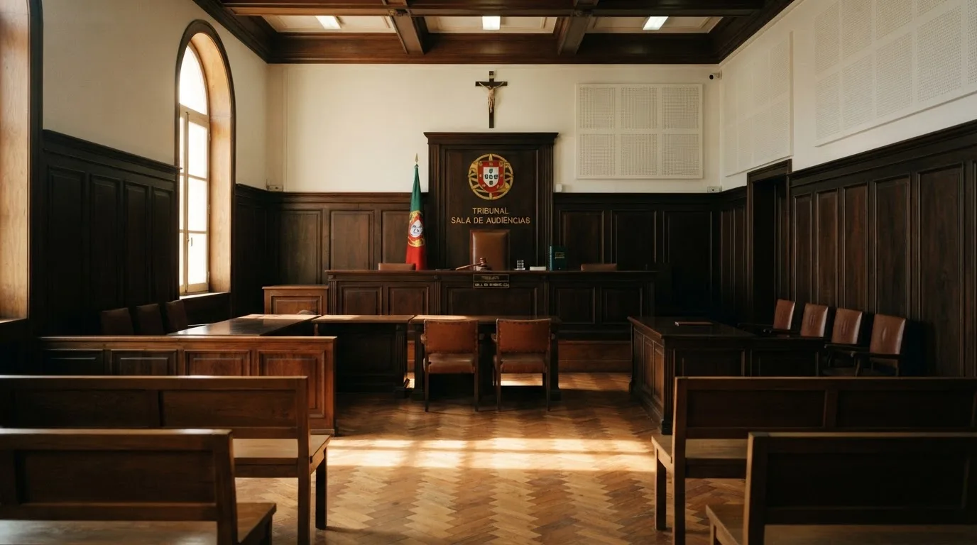 Sala de tribunal vazia com painéis de madeira, à luz da manhã — slots demo em portugal