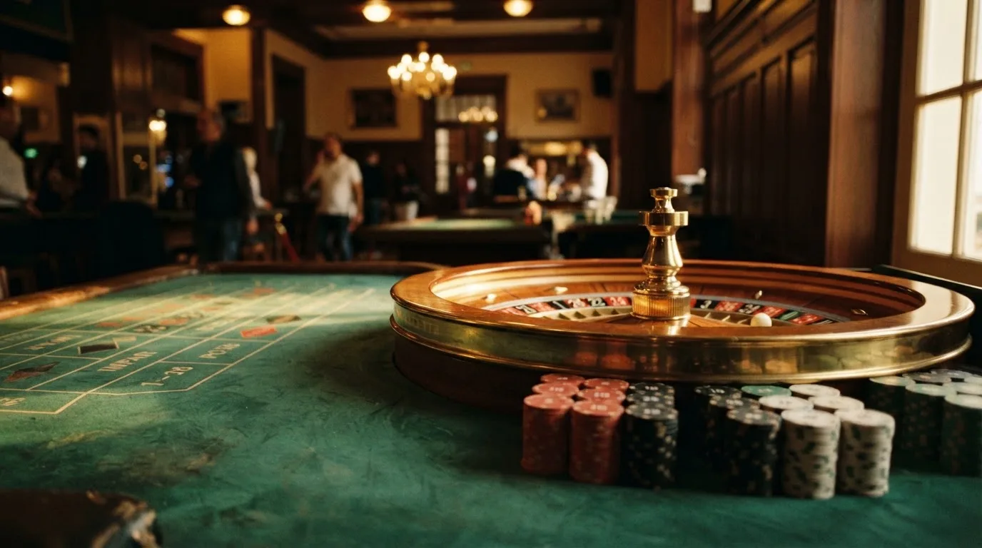 Roda de roleta e fichas sobre feltro verde, sob uma luz quente de fim de tarde — slots demo em portugal