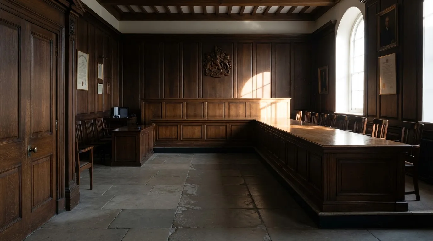Sala de tribunal vazia com painéis de madeira, à luz da manhã — slots grátis em portugal
