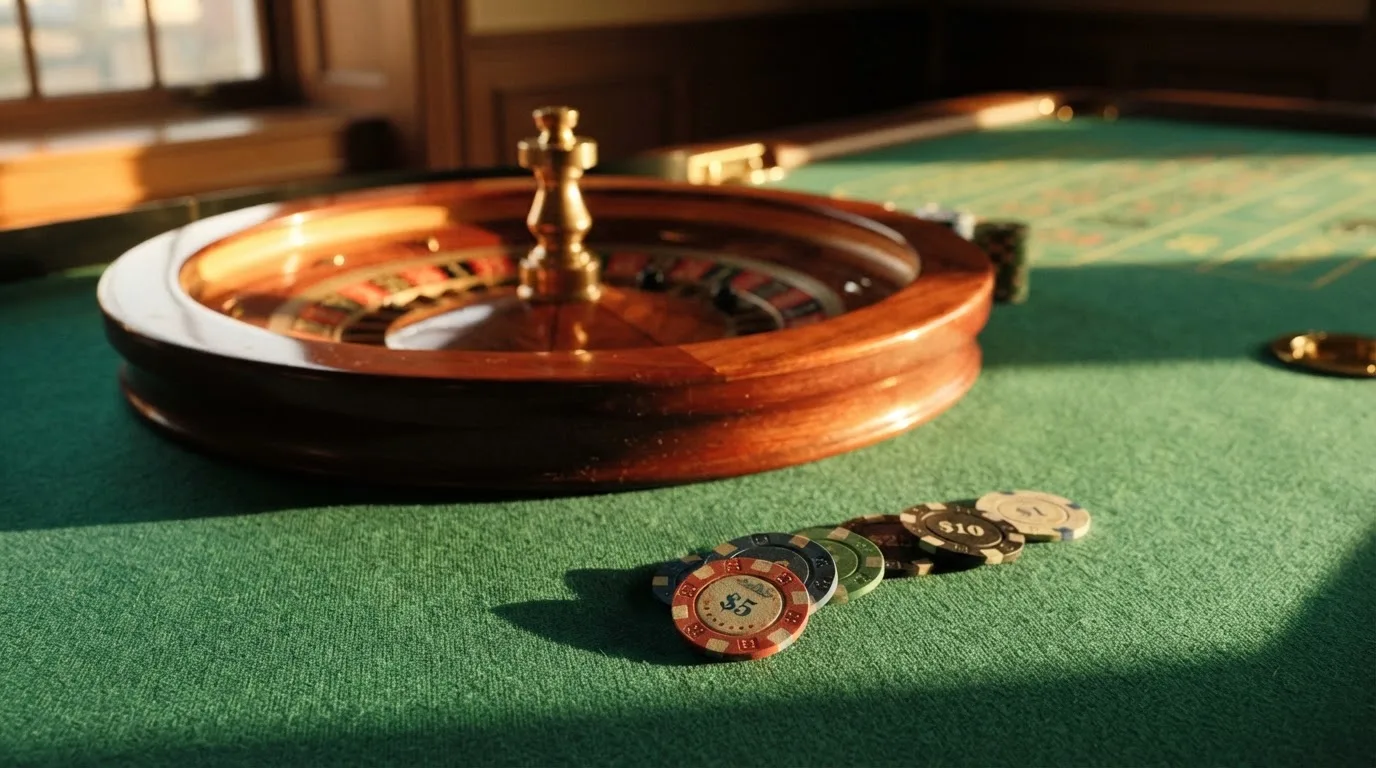 Roda de roleta e fichas sobre feltro verde, sob uma luz quente de fim de tarde — slots grátis em portugal