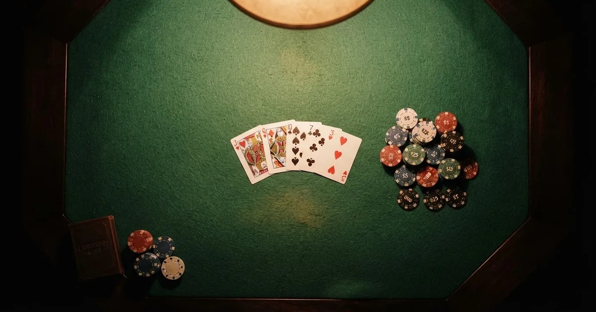 Mesa de jogo iluminada com cartas, vista de cima — slots grátis em portugal