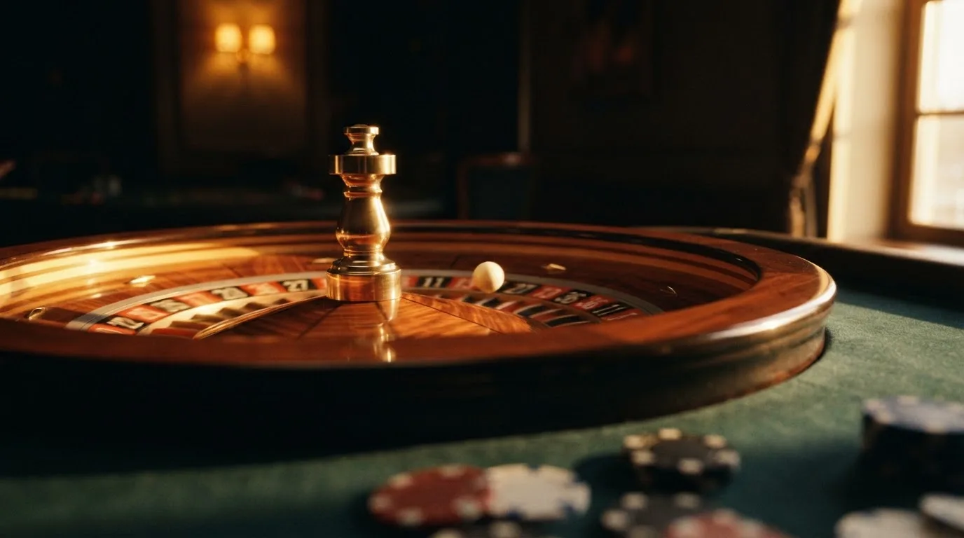 Roda de roleta e fichas sobre feltro verde, sob uma luz quente de fim de tarde — slots por dinheiro em portugal