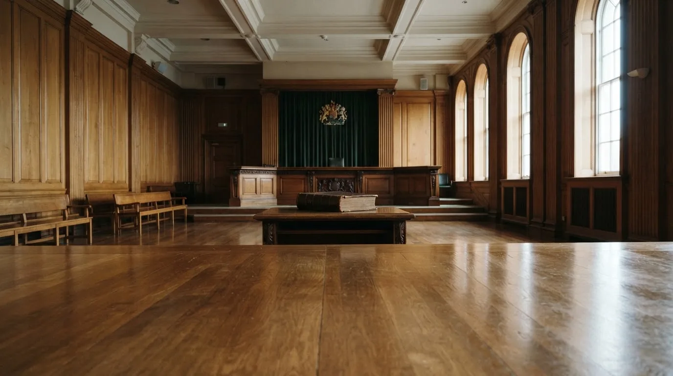Sala de tribunal vazia com painéis de madeira, à luz da manhã — tabelas de blackjack em portugal