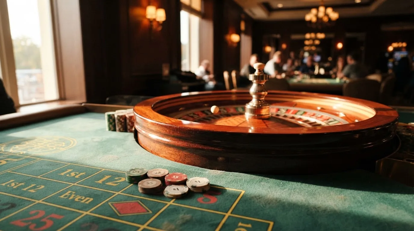 Roda de roleta e fichas sobre feltro verde, sob uma luz quente de fim de tarde — tabelas de blackjack em portugal