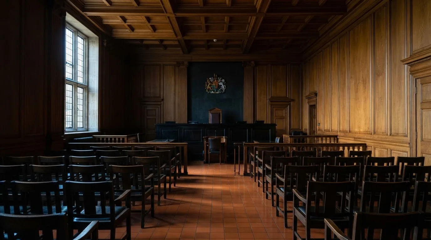 Sala de tribunal vazia com painéis de madeira, à luz da manhã — top casinos em portugal