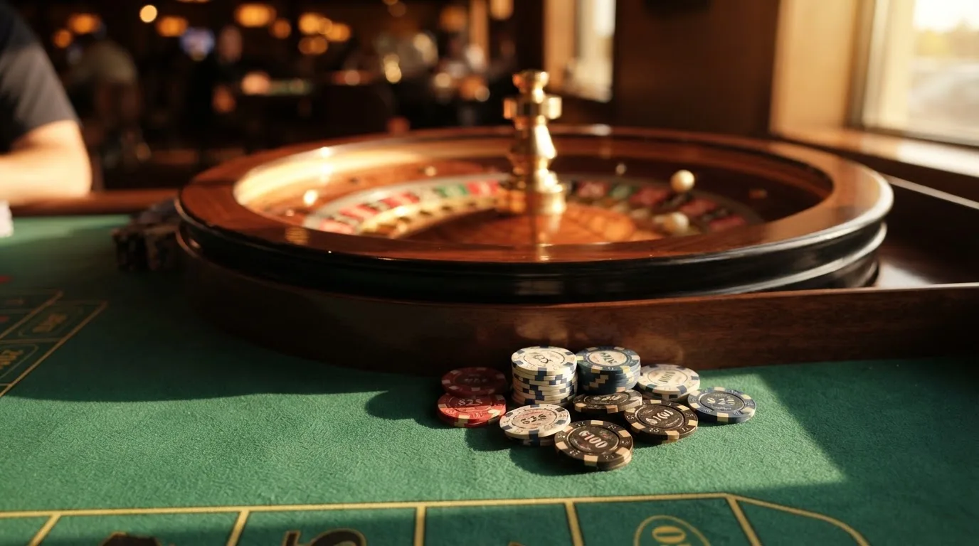 Roda de roleta e fichas sobre feltro verde, sob uma luz quente de fim de tarde — top casinos em portugal