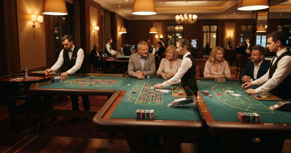 Três mesas de jogo diferentes lado a lado numa sala calma e calorosamente iluminada — top casinos em portugal
