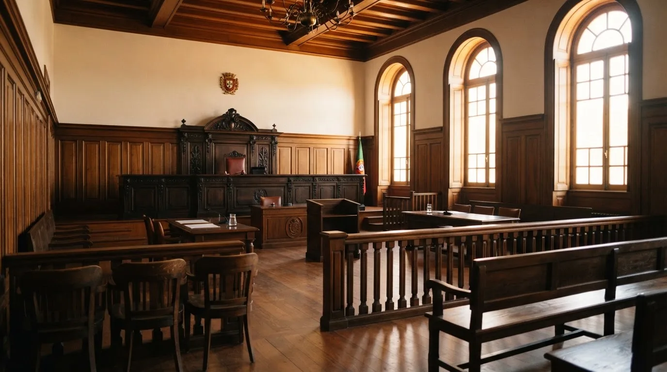 Sala de tribunal vazia com painéis de madeira, à luz da manhã — truques de casino em portugal