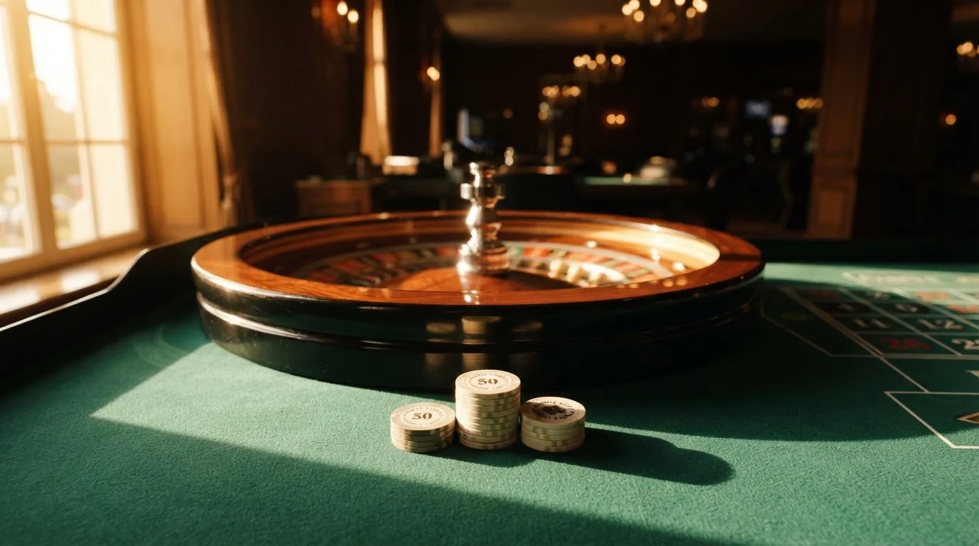Roda de roleta e fichas sobre feltro verde, sob uma luz quente de fim de tarde — truques de casino em portugal